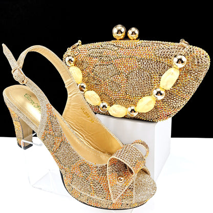 Nigeria Women's Open Toe High Heels Package Set Leopard Colorblocking Hot Rhinestones Fashion Sexy High Heels