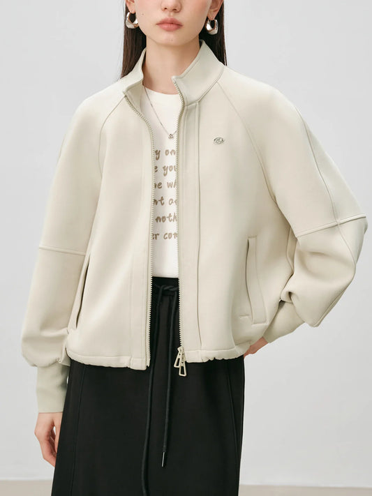 Stand Collar Women Casual Coats Oatmeal Zip-up Cropped Sweatshirt Jacket 2024 Autumn Cotton Short Sweatshirts 24ZQ94212