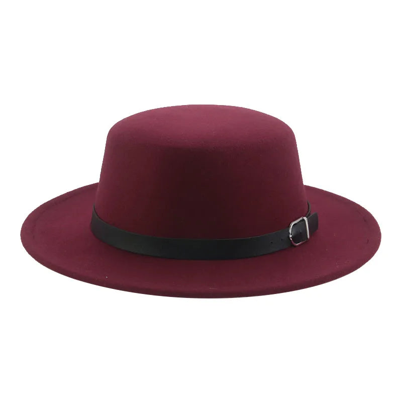 Felted Men Hats Solid Flat Top Belt Band Classic Simple Fedora Hats Khaki Camel Black White Red Casual Formal Dress Winter Hats