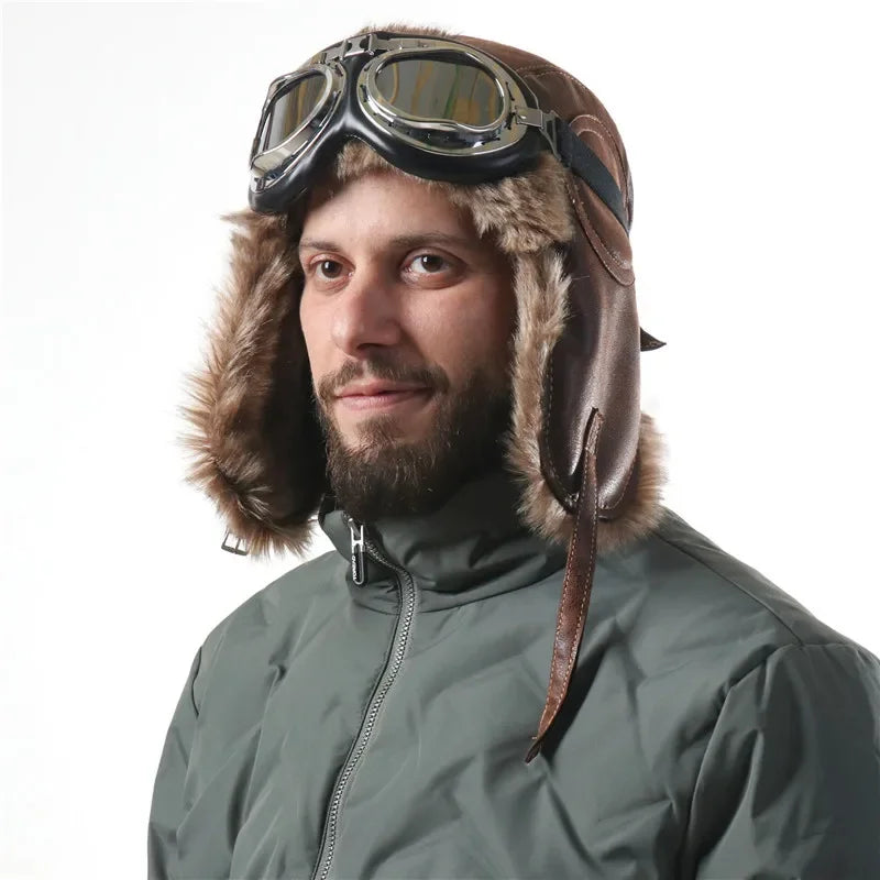 Winter Men Bomber Hat With Goggles Outdoor Motorcycle Windproof Warm Faux Fur Pilot Earflap Hat Leather Thermal Ushanka
