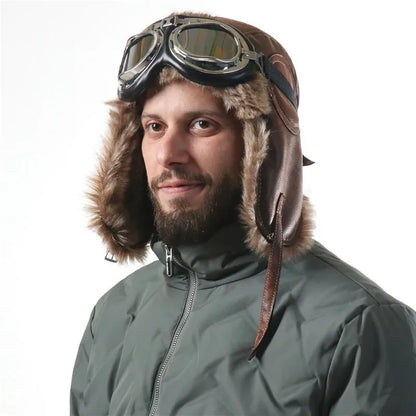 Winter Men Bomber Hat With Goggles Outdoor Motorcycle Windproof Warm Faux Fur Pilot Earflap Hat Leather Thermal Ushanka