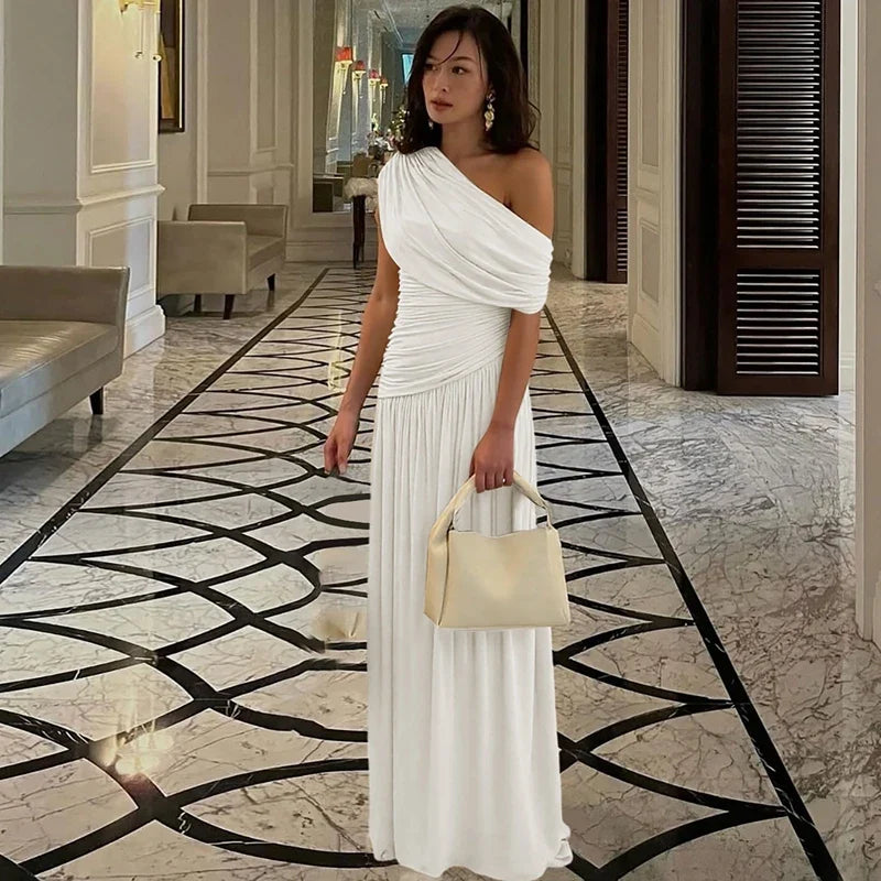 One Shoulder Ruched Sleeveless Solid Pleated Sexy Irregular Y2K Maxi Dress Summer Elegant Party Women Clothes Vacation