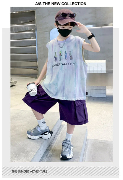 New Summer Kids Clothing Set Sleeveless T-shirt Suit with Shorts for Boy Luxurious Cotton Tracksuit 5 6 7 8 9 10 11 12 13 14 T