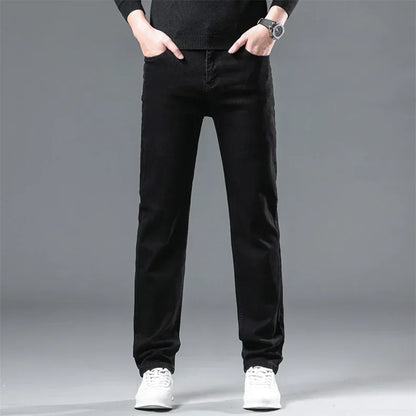 Winter Men Black Straight Stretch Denim Thick Velvet Pants Warm Jeans Casual Fleece Line Trousers Male Plus Size
