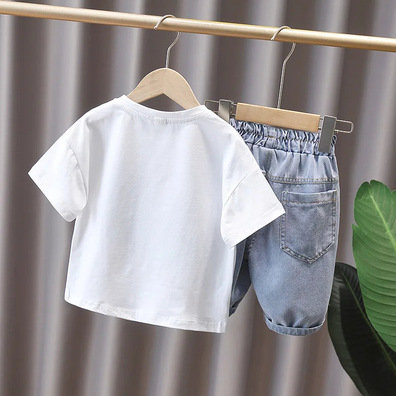 Summer Baby and Boys Cotton 3D Printed Lace Up Top t-Shirt+Denim Shorts Pant Set School Kids 2PCS Tracksuit Child Outfits 1-12Yr