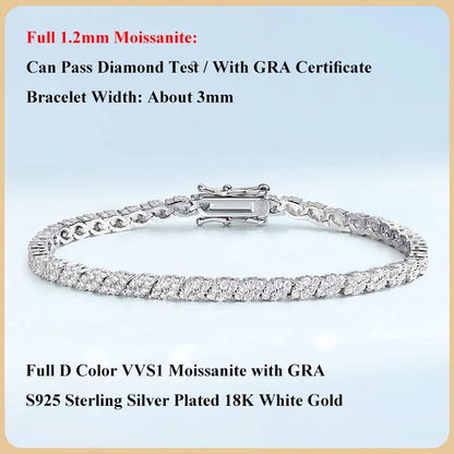 Full Moissanite Diamond Hook Link Chain Bracelet 1.2mm D Color For Woman Man S925 GRA Certified Couple Bracelets Bangle