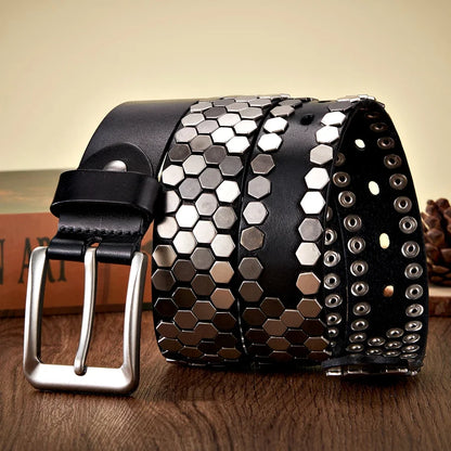 3.8cm Width Men Rivet Studded Belt Punk With Pin Buckle Belts Hip Hop Male High Quality Genuine Leather Belt Rock Strap