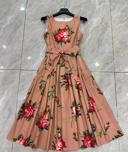 2026 Spring Women's New Fashion Round Neck Sleeveless Cotton Printed Tie a belt Waist cinching Dress