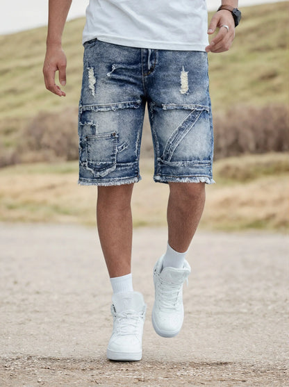 Men's Casual Spring/Summer Denim Shorts - Distressed Denim Shorts with Frayed Edges and Patchwork Details, Fashionable Street-St