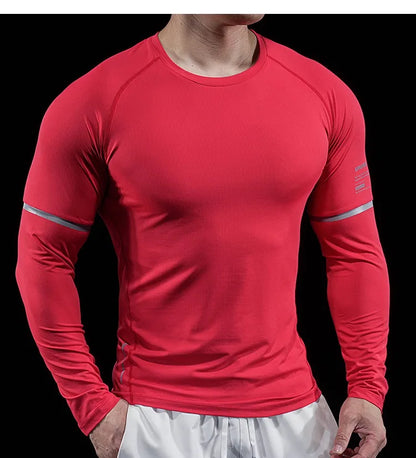 Autumn New Men's Sports Gym Fitness Clothes Reflective Strips Round Neck Training Long-sleeved T-shirt Running Slim Breathable