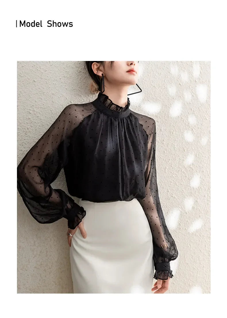 Spring Summer Black Polka Dots Mesh Women's Chiffon Blouses 2025 New Long Sleeve Stand Collar Vintage Loose Shirts Female