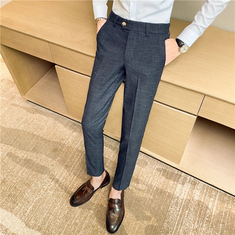Boutique Classic Plaid and Striped Fashion Men's Casual Business Slim Suit Pants Groom Wedding Dress Trousers Party