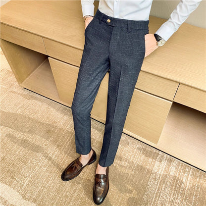Boutique Classic Plaid and Striped Fashion Men's Casual Business Slim Suit Pants Groom Wedding Dress Trousers Party