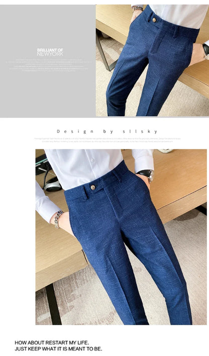 Boutique Classic Plaid and Striped Fashion Men's Casual Business Slim Suit Pants Groom Wedding Dress Trousers Party