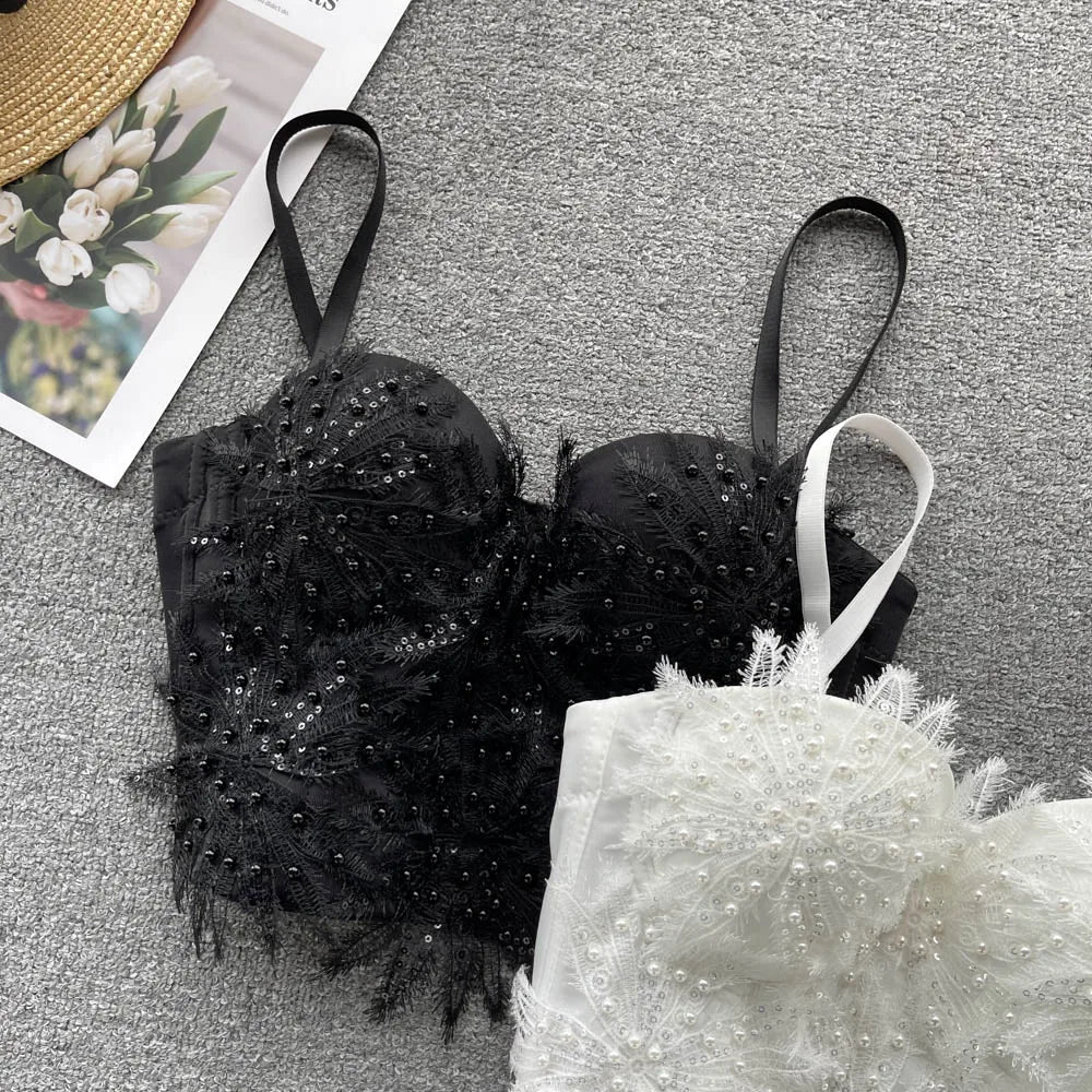 Women Hotsweet Sleeveless Sexy Chest Cushion Lace Backless Embroidered Beads Slim Straps Camis Top High Street Autumn Clothing