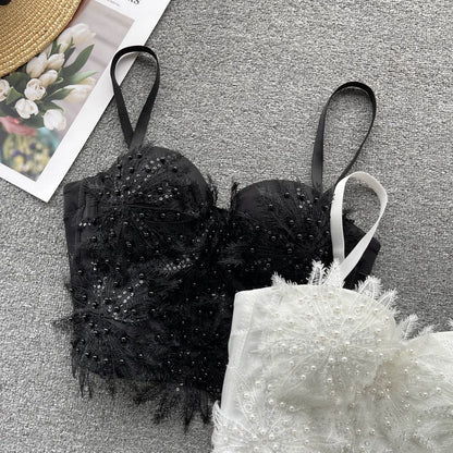 Women Hotsweet Sleeveless Sexy Chest Cushion Lace Backless Embroidered Beads Slim Straps Camis Top High Street Autumn Clothing