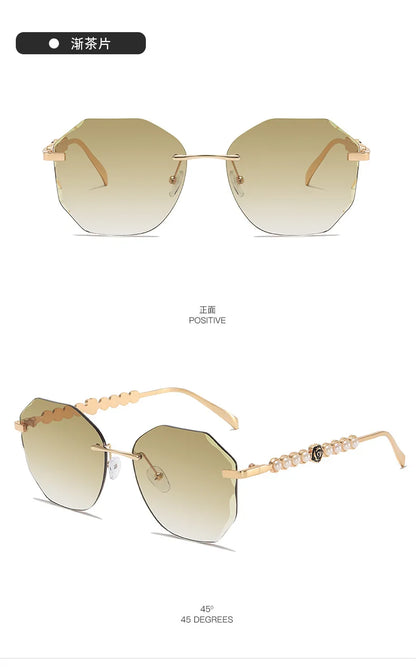 Women's Rimless Cut Edge Sunglasses Pearl Temple Gradient Lens Sun Glasses Elegant Y2K UV400 Shades Luxury Metal Fashion Eyewear