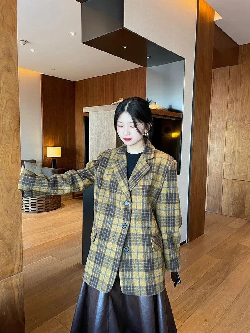 Women's Mid-Length Plaid Wool Coat 2025 Autumn Winter Arrival, Korean Style Warm Blazer, Trendy Yellow Brown Checkered Jacket