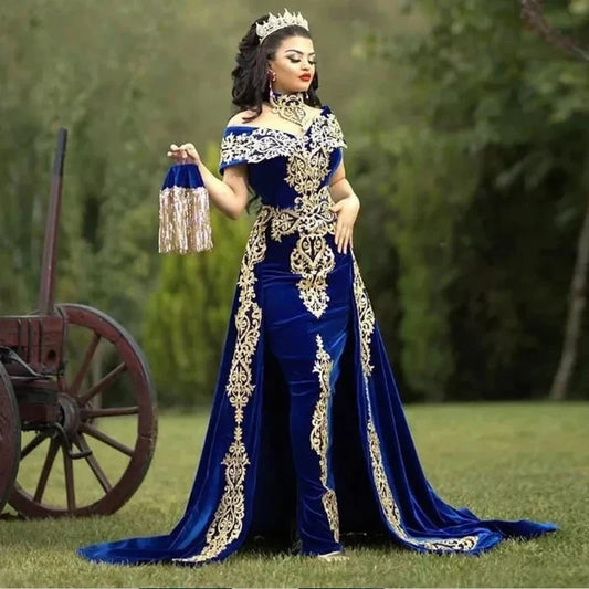Moroccan Kaftan Caftan Muslim Evening Dresses Gold Lace Appliques Cap Sleeve Royal Blue Mermaid Velvet Arabic Long Prom Gowns