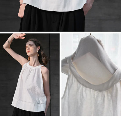 100% Linen Halter Tops Women 2026 Summer New Round Neck Sleeveless Tank Top French Office Ladies Loose Camisoles