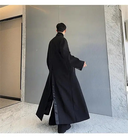 Spring Autumn Extra Logn Black Oversized Flowy Soft Trench Coat for Men with Back High Slit Loose Casual Overcoat