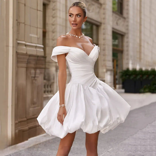 Customized Short Wedding Dresses Fashion Off The Shoulder V Neck Pleat Puffy Skirt Ball Bridal Gown Vestido De Noiva
