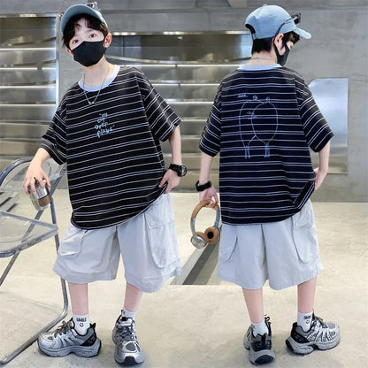 2026 Kids Top and Bottom Clothes Summer Set For Tweens Boys Casual Striped Tracksuit Outfit Children Cargo Clothing 2PCS Suit