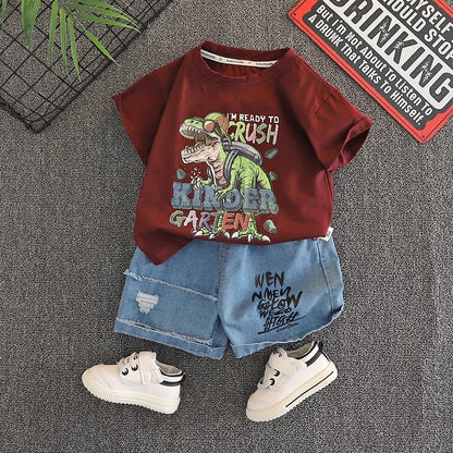 Summer New Boys' Short-Sleeved Set Boys' Casual Cartoon Dinosaur T-Shirt + Casual Denim Shorts Children's Cute Comfort Clothes