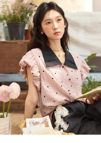 Summer Office Lady Blouses Women 2025 Short Sleeve Turn-down Collar Polka Dot Shirts Female Fashion Slim Tops MXE31C0776