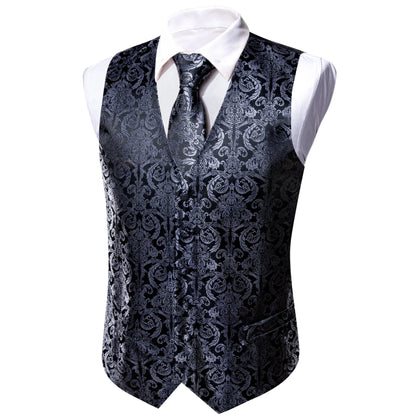 Black Silver Vintage Pattern Vest Matching Set Tie Pocket Square Cufflinks For Formal Business Conference