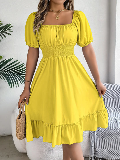 Spring Summer Elegant High Waisted Dress Square Neck Short Sleeved Ruffled Edge Long Dresses 2026 Valentine's Day Woman Clothing