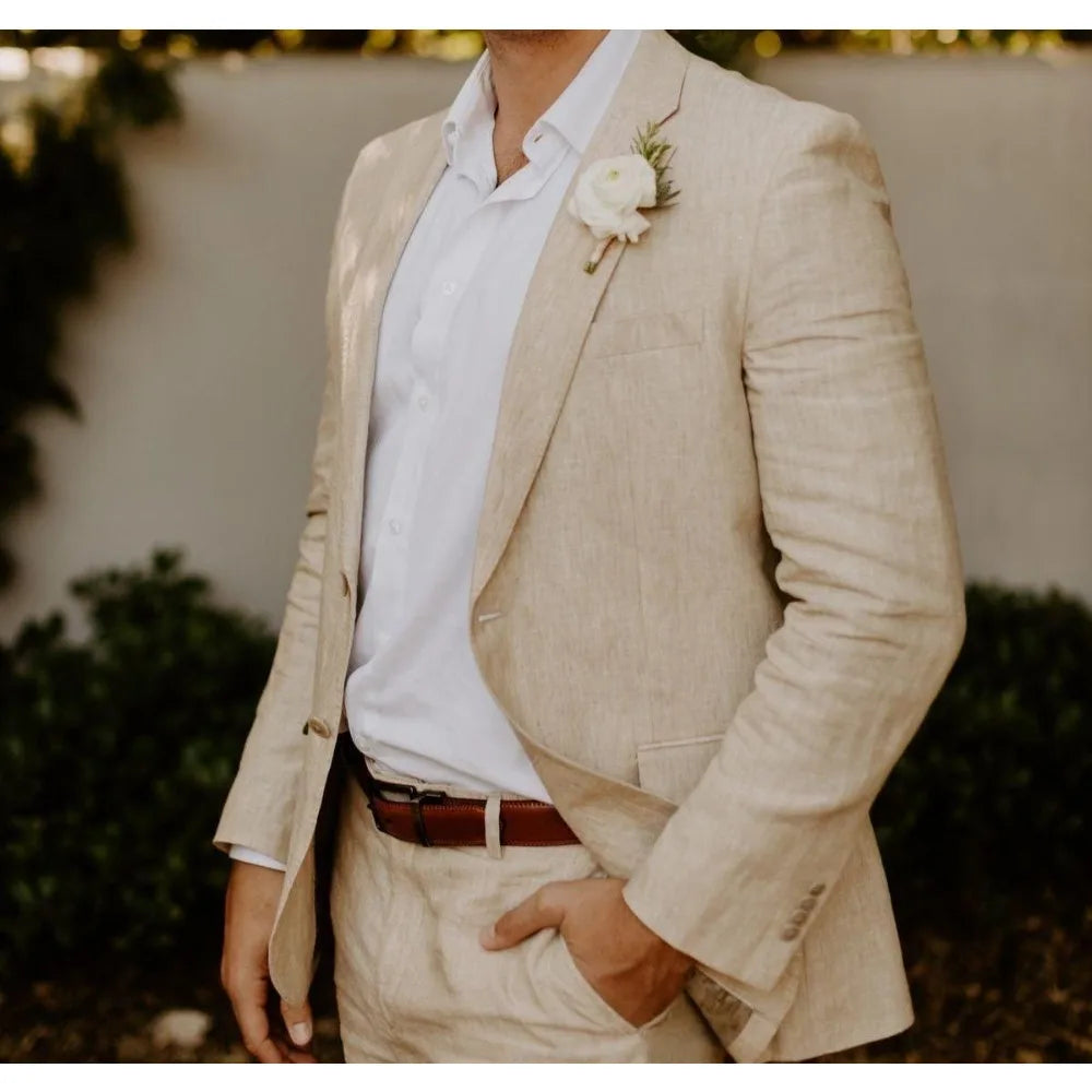 Beige Linen Men Suits 2 Pieces Wedding Tuxedo Summer Slim Fit Groom Blazer Trousers Set Formal Attire wedding suits for men