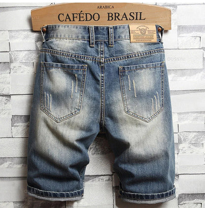 Brand Clothing New Summer Ripped Hole Denim Shorts Men Cotton Thin Straight Retro Biker Knee Length Short Jeans Male Streetwear