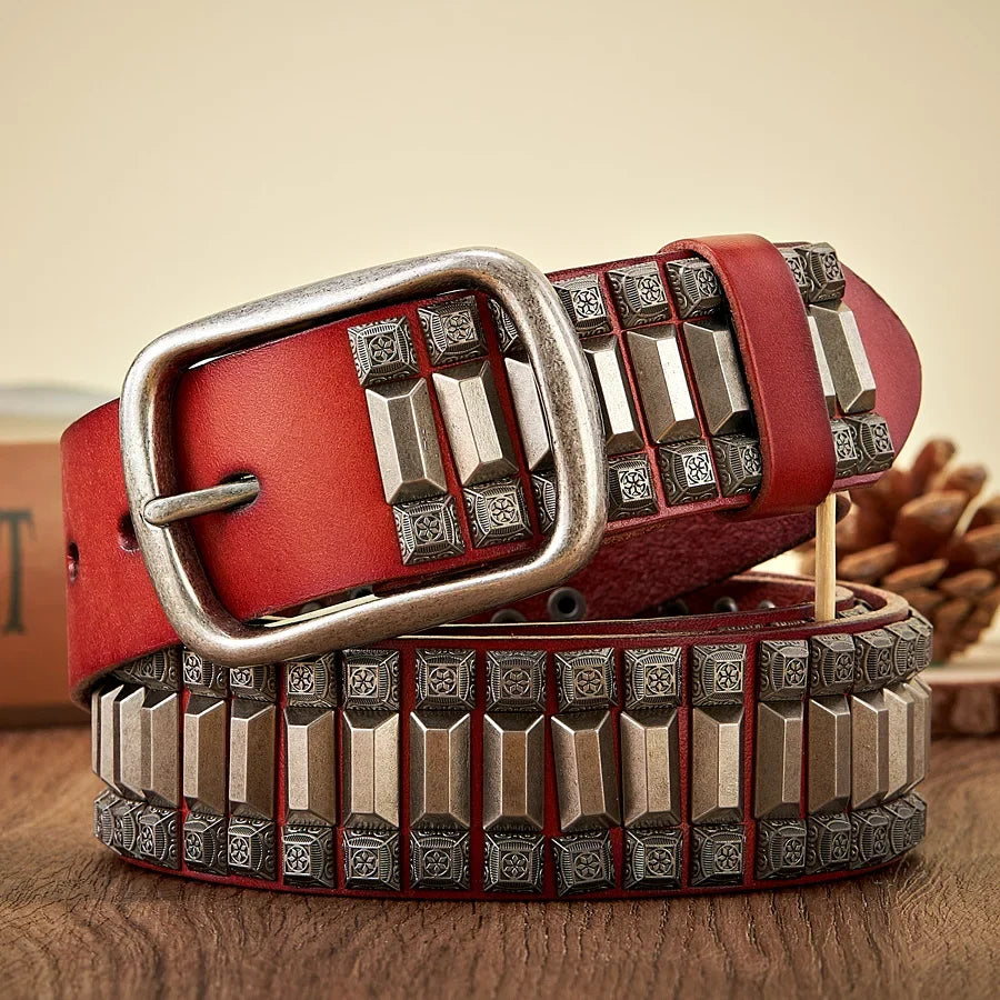 New Cowboy Motorcycle Jeans Heavy Metal Rivet Belts For Men Genuine Leather Belt Punk Rock Male Strap Ceinture Homme