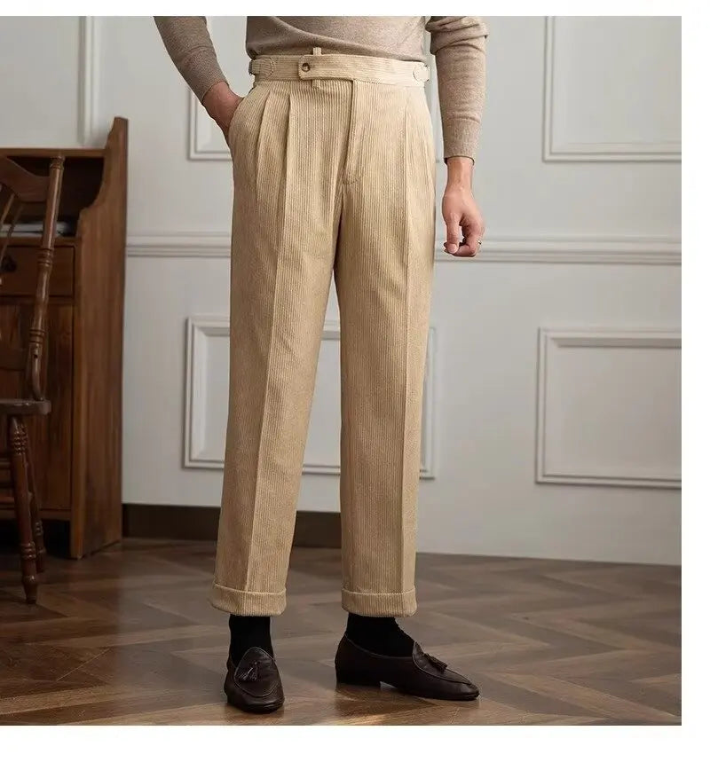 Classics Italian Naples Style Men's Suit Corduroy Pants Men High Waist Straight Work Formal British Business Brand Trousers Male