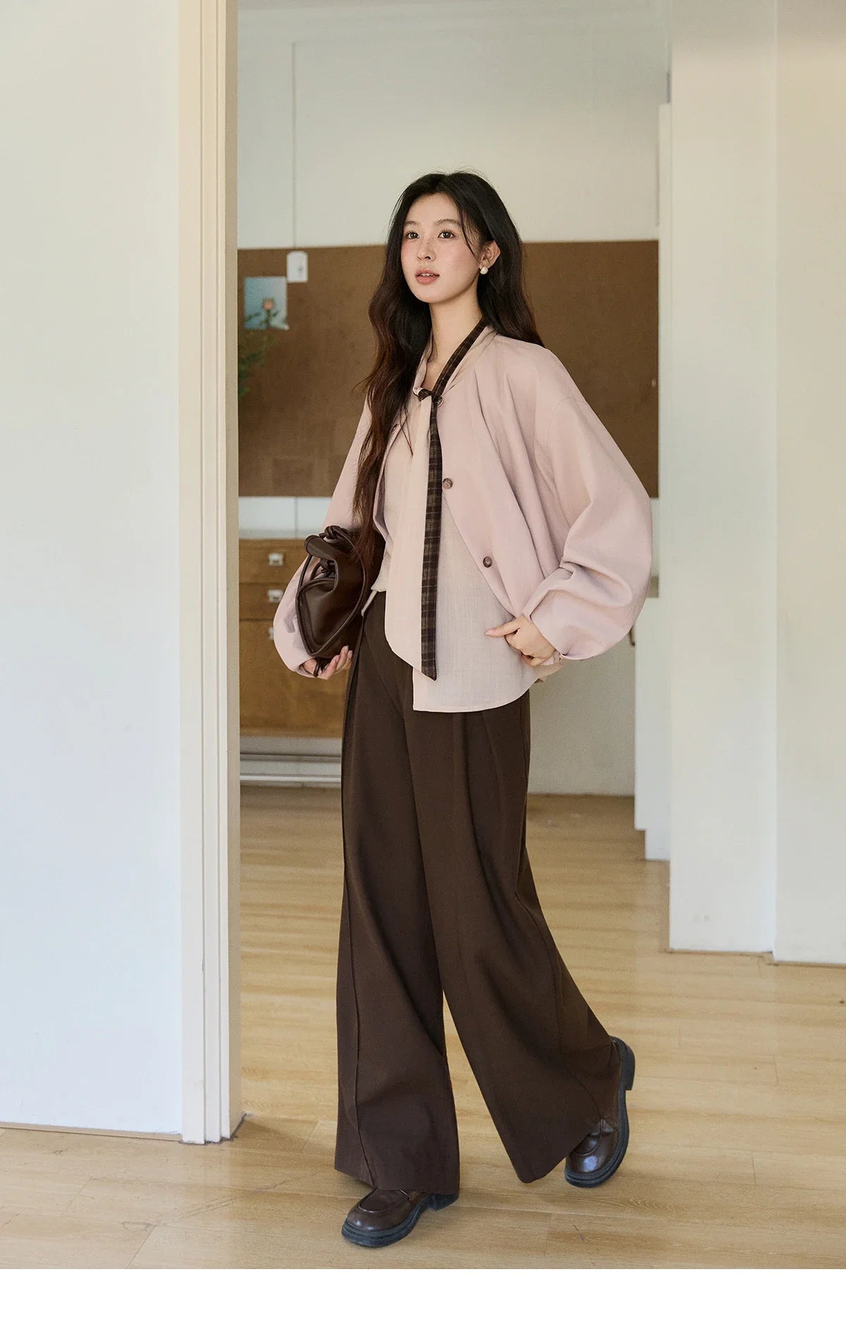 Women's Dusty Pink Shirts Spring Plaid Tie Neck Loose Casual Shirt 100 Lyocell Lantern Sleeve Top Office Lady MXF108C0817