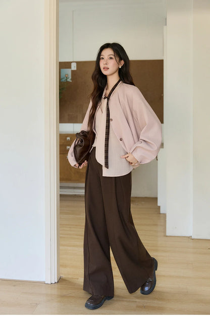 Women's Dusty Pink Shirts Spring Plaid Tie Neck Loose Casual Shirt 100 Lyocell Lantern Sleeve Top Office Lady MXF108C0817