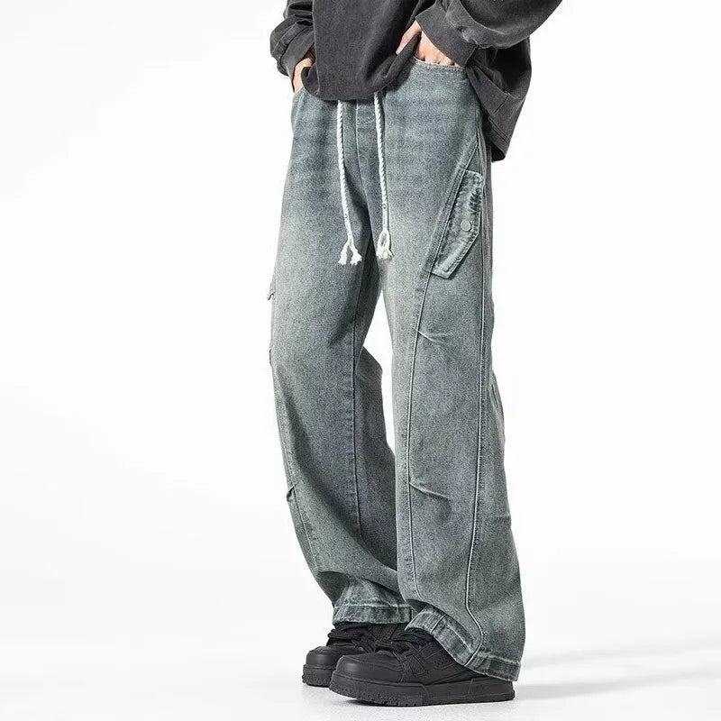 Korean High Street Retro Men'S Jeans Pleated Patchwork Paratroopers Autumn And Winter Loose Casual Straight Leg Pants