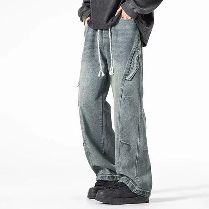Korean High Street Retro Men'S Jeans Pleated Patchwork Paratroopers Autumn And Winter Loose Casual Straight Leg Pants