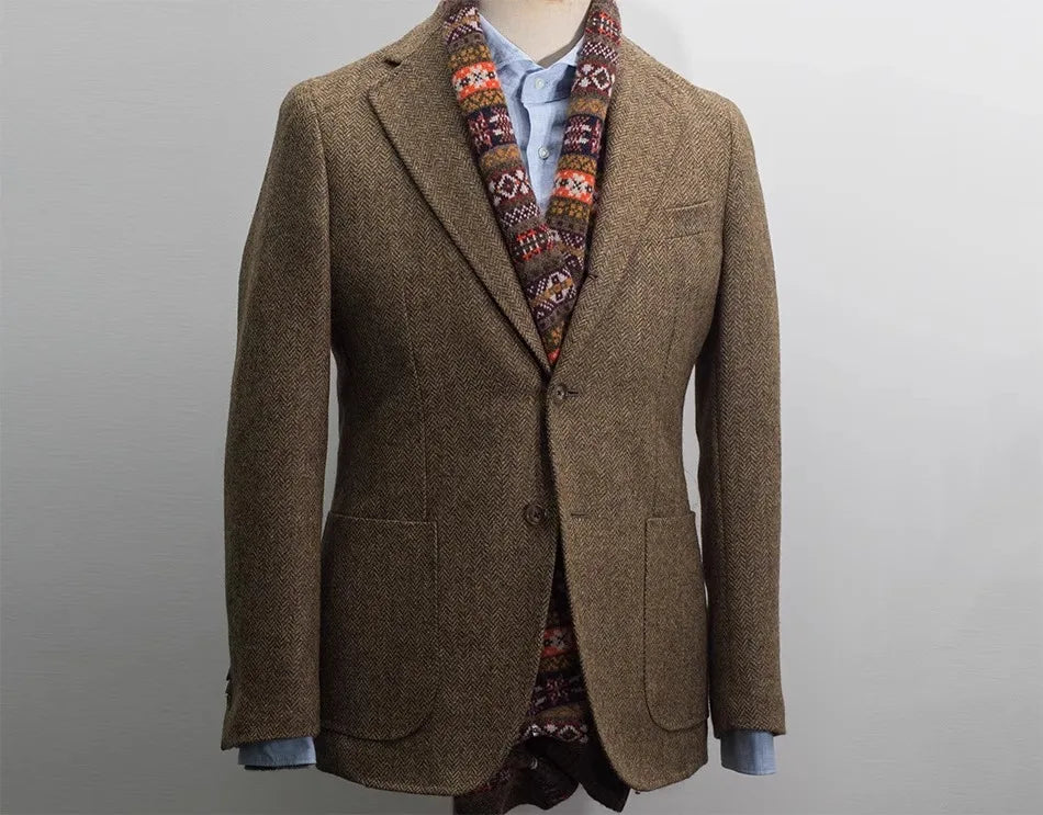 Uncle Nick's Wooster-Style Suit, Autumn and Winter Vintage Tweed Wool Herringbone Pattern Men's Blazer Suit