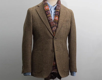 Uncle Nick's Wooster-Style Suit, Autumn and Winter Vintage Tweed Wool Herringbone Pattern Men's Blazer Suit