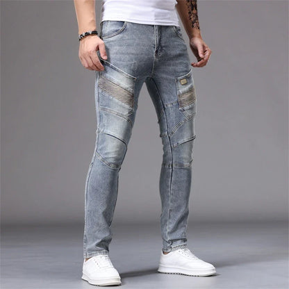 Men's Patchwork Skinny Ripped Jeans Fashion Trousers Elastic Slim Hole Biker Denim Pants Hip-hop Rock American Streetwear