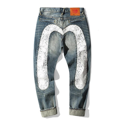 Men's Japanese Handmade Embroidered Jeans Pure Cotton Straight Tube Hip-Hop Popular Slim Red Ears Show Thin Trousers Blue MDevil