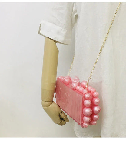 Fashion Women Acrylic Turquoise Evening Clutch Bag Small Pearls Party Black Designer Day Purse Crossbody Chain