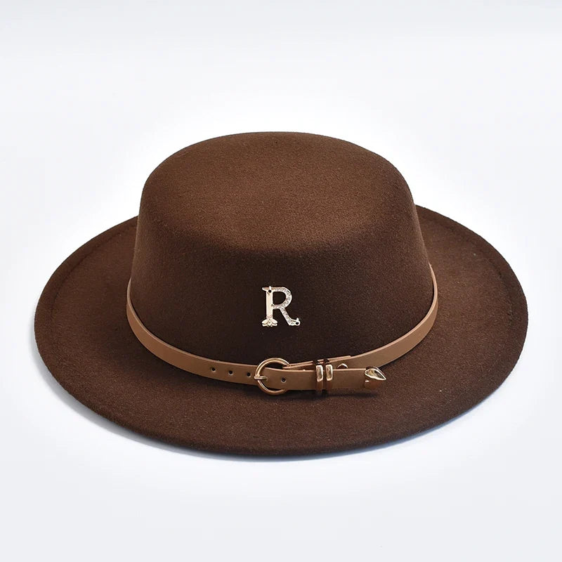 New Metal R Letter Fedora Hat for Women Fashionable Winter Flat Top Wedding Church Bowler Cap Females Elegant Holidays Hat