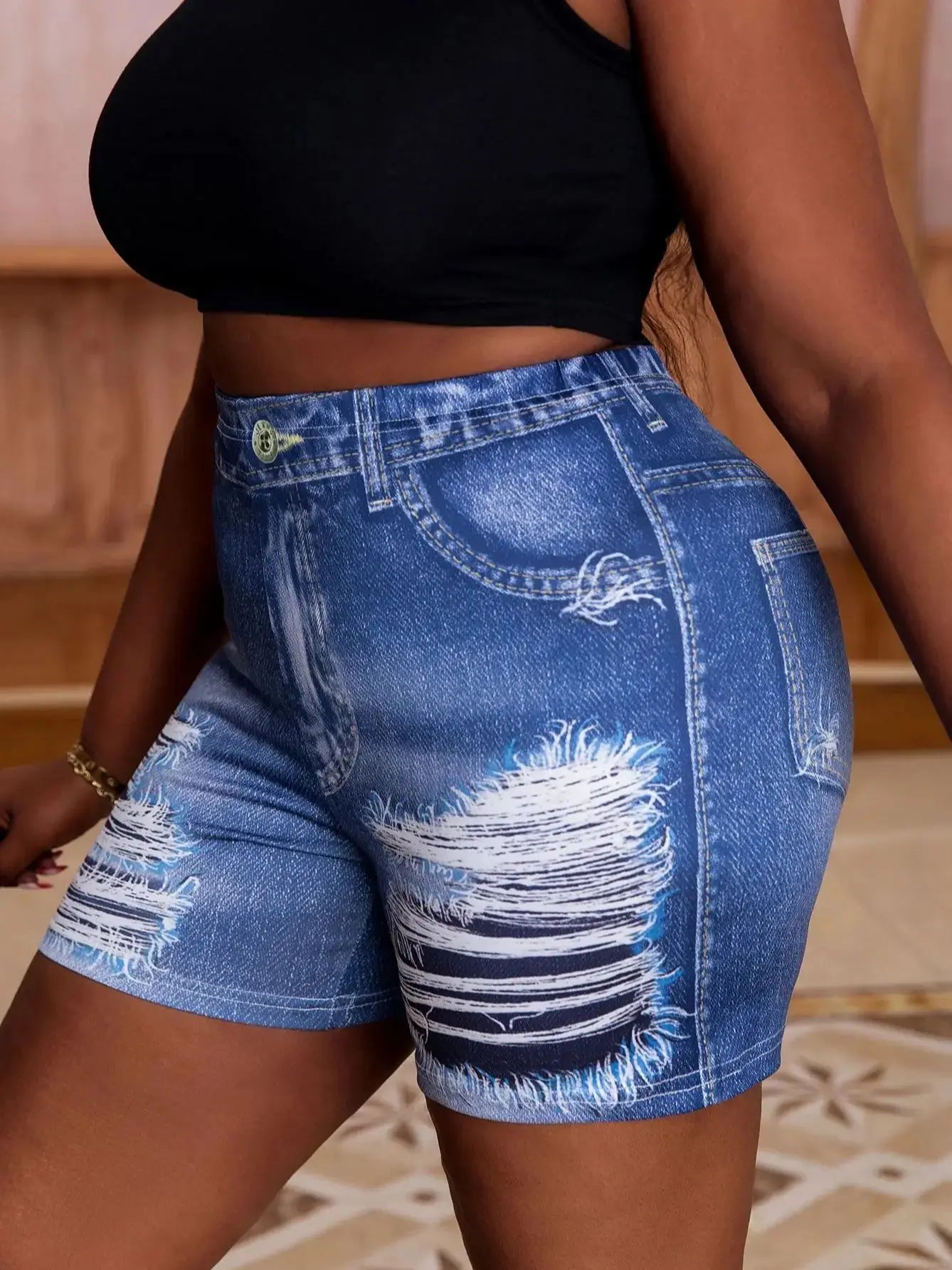 Plus Size Women's Denim-Look Printed Shorts Trendy Ripped Effect Comfortable Tight Fit Casual Chic Summer Hot Pants