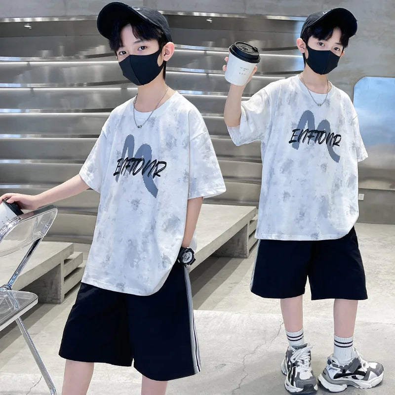 New Casual Boys Cotton Top summer Bottoms Clothes Set for Teenager Child Fashion Outfit Kids T-shirt Shorts Two Pieces Clothing