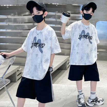 New Casual Boys Cotton Top summer Bottoms Clothes Set for Teenager Child Fashion Outfit Kids T-shirt Shorts Two Pieces Clothing