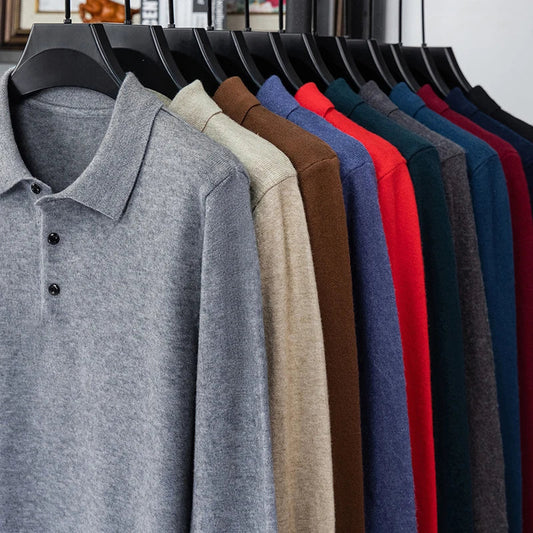 Original Quality Men's Polo Shirt Exquisite Simple Long Sleeve Knitted Lapel Sweater Autumn Winter Business Casual Menswear Top