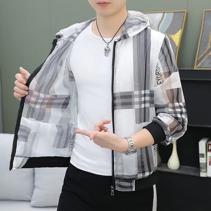Men's Summer Mesh Sun Protection Clothing Trendy Stripe Print Ice Silk Cool Feeling Breathable Quick Dry Hooded Jacket